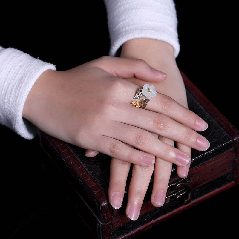 Wear FengShui 925 Silver Plated Copper White Jade Plum Flower Leaf Luck Ring