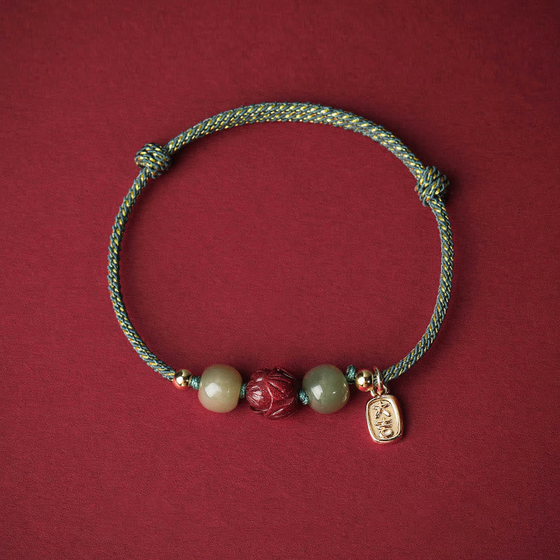 Wear FengShui 14K Gold Plated Hetian Jade Cinnabar Lotus Luck Handcrafted Rope Bracelet