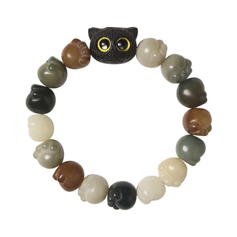 Wear FengShui Natural Bodhi Seed Lovely Paw Ebony Wood Lucky Cat Wisdom Bracelet