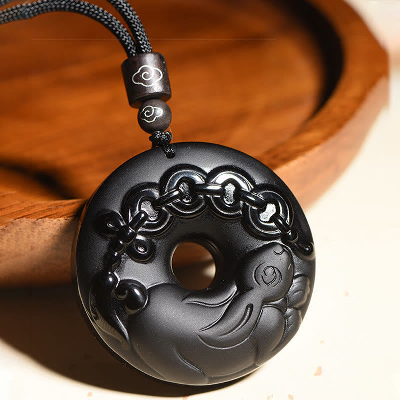 Wear FengShui Chinese Zodiac Natural Black Obsidian Peace Buckle Strength Necklace Pendant