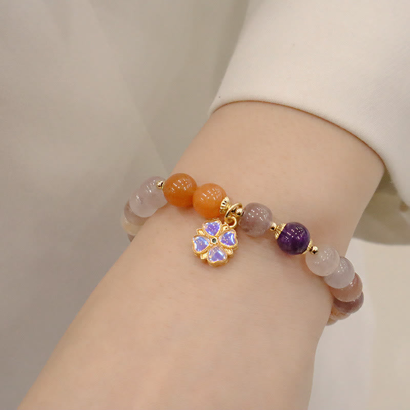 Wear FengShui Natural Purple Golden Silk Jade Violet Flower Bead Charm Wealth Bracelet