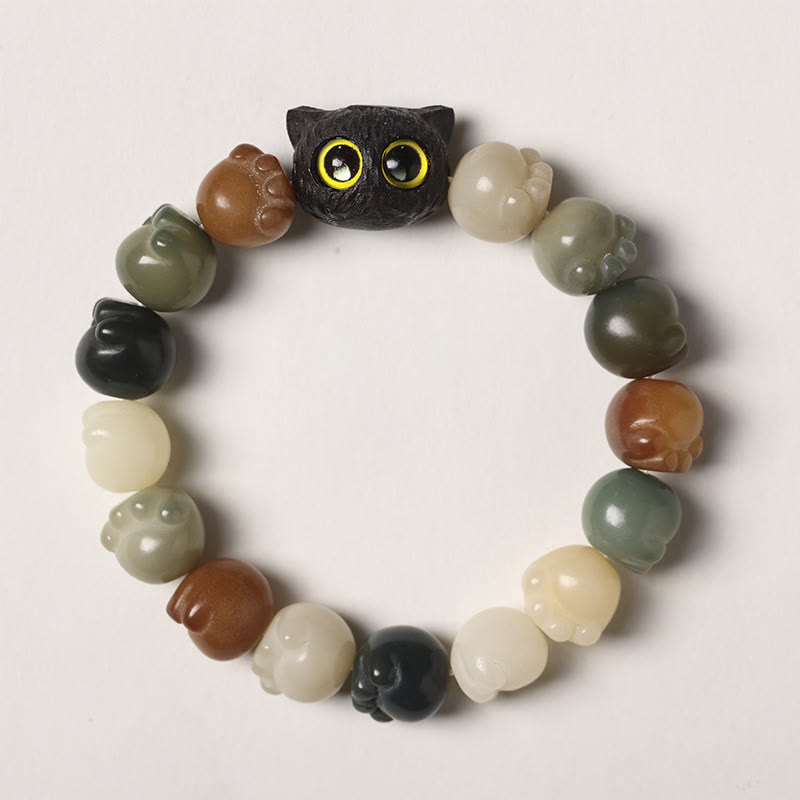 Wear FengShui Natural Bodhi Seed Lovely Paw Ebony Wood Lucky Cat Wisdom Bracelet