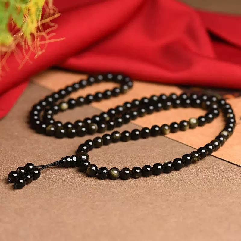 Wear FengShui 108 Mala Beads Natural Gold Sheen Obsidian Wealth Bracelet