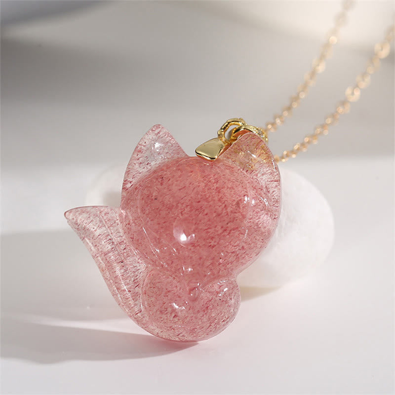 Wear FengShui 925 Sterling Silver Plated 14k Gold Strawberry Quartz Fox Healing Necklace Pendant