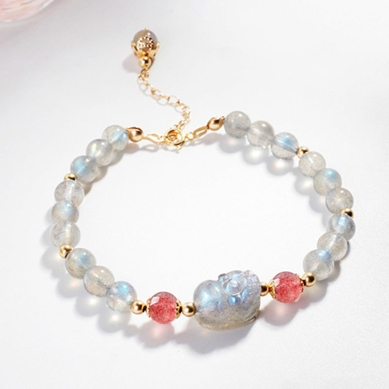 Wear FengShui Moonstone Strawberry Quartz PiXiu Healing Bracelet