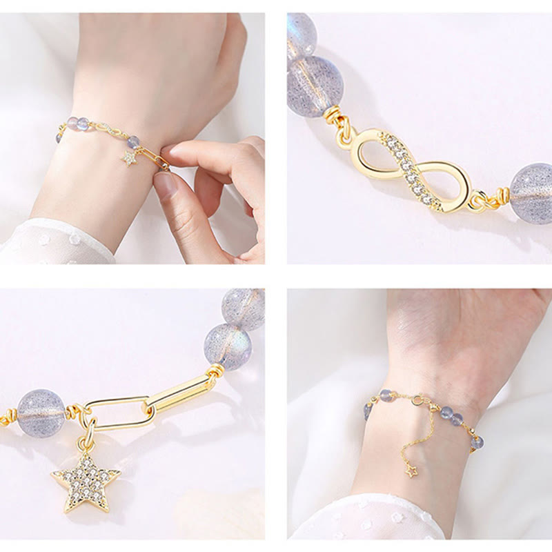 Wear FengShui 14K Gold Plated Natural Strawberry Quartz Moonstone Möbius Loop Eternal Love Star Positive Bracelet