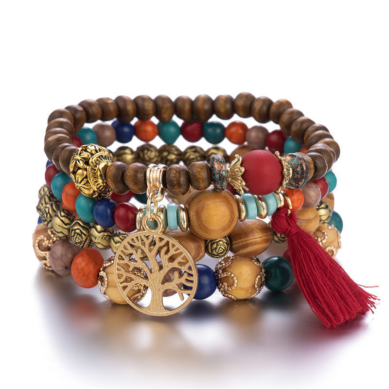 Wear FengShui Wenge Wood Layered Tree Tassel Healing Bracelet