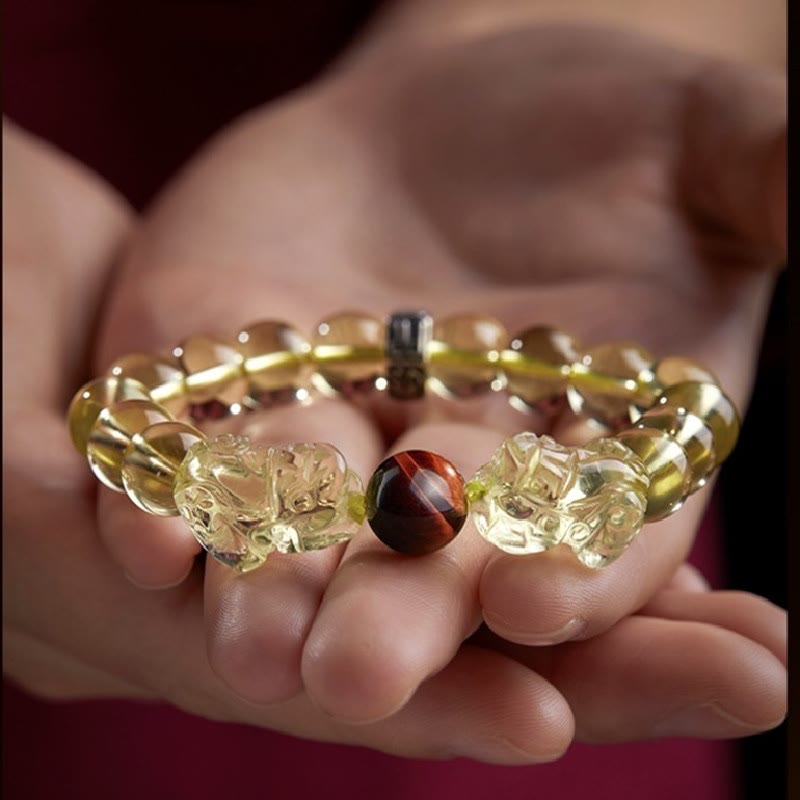Wear FengShui Natural Citrine Double PiXiu Tiger Eye Prosperity Protection Bracelet
