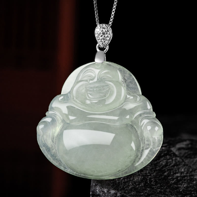 Wear FengShui Natural Jade Laughing Buddha Prosperity Abundance Titanium Steel Chain Necklace Pendant