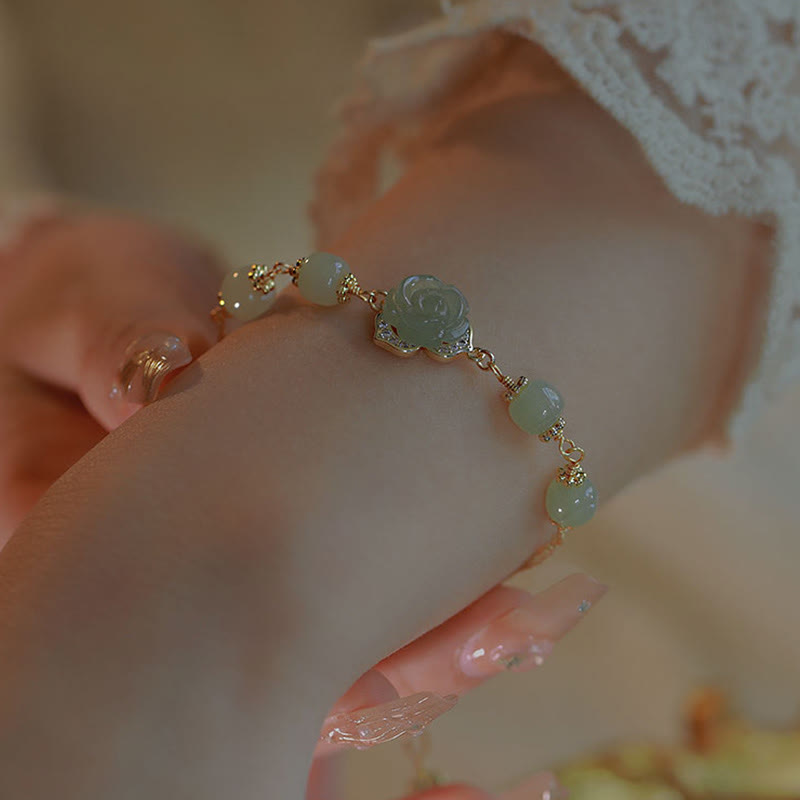 Wear FengShui 14K Gold Plated Hetian Jade Rose Flower Luck Chain Bracelet
