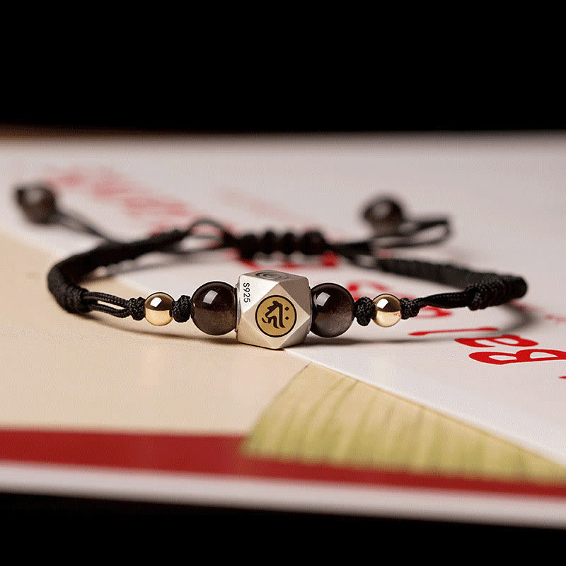 Wear FengShui Handmade 925 Sterling Silver Chinese Zodiac Natal Buddha Cinnabar Calm Braided Bracelet