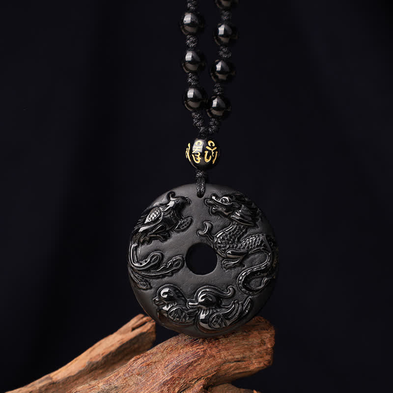 Wear FengShui Black Obsidian Dragon Phoenix Mandarin Duck Luck Protection Necklace Pendant