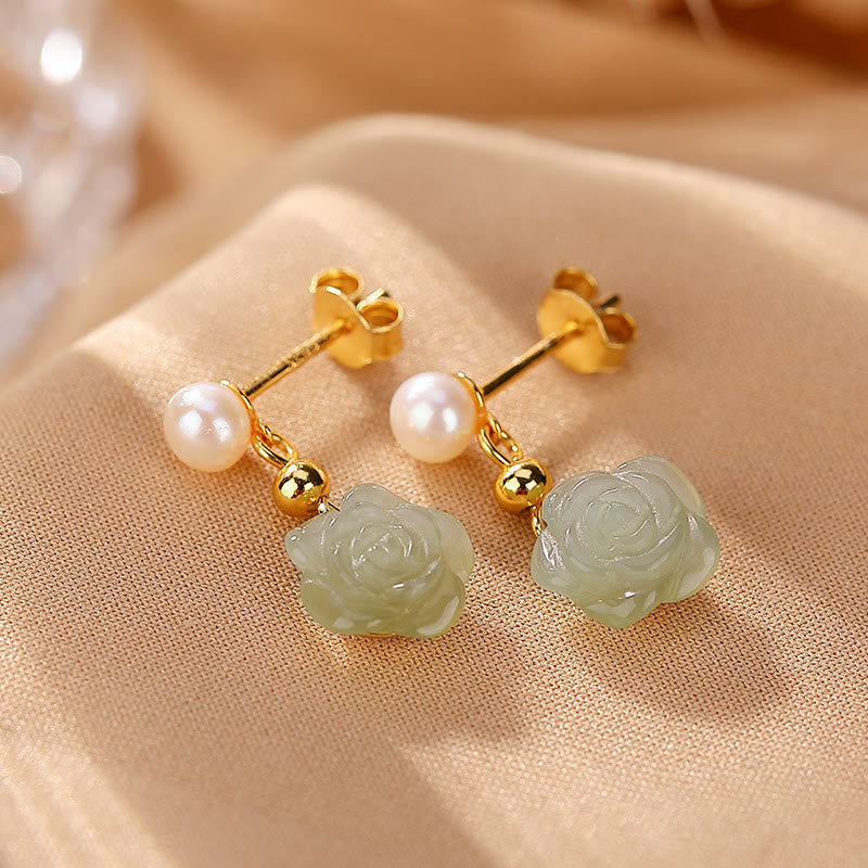 Wear FengShui 925 Sterling Silver Plated Gold Jade Rose Flower Cyan Jade Pearl Luck Earrings
