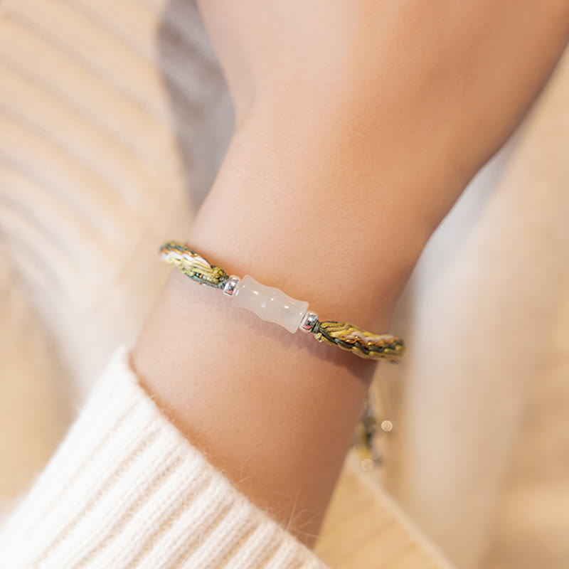 Wear FengShui White Jade Bamboo Reincarnation Knot Wealth Luck Strength String Bracelet