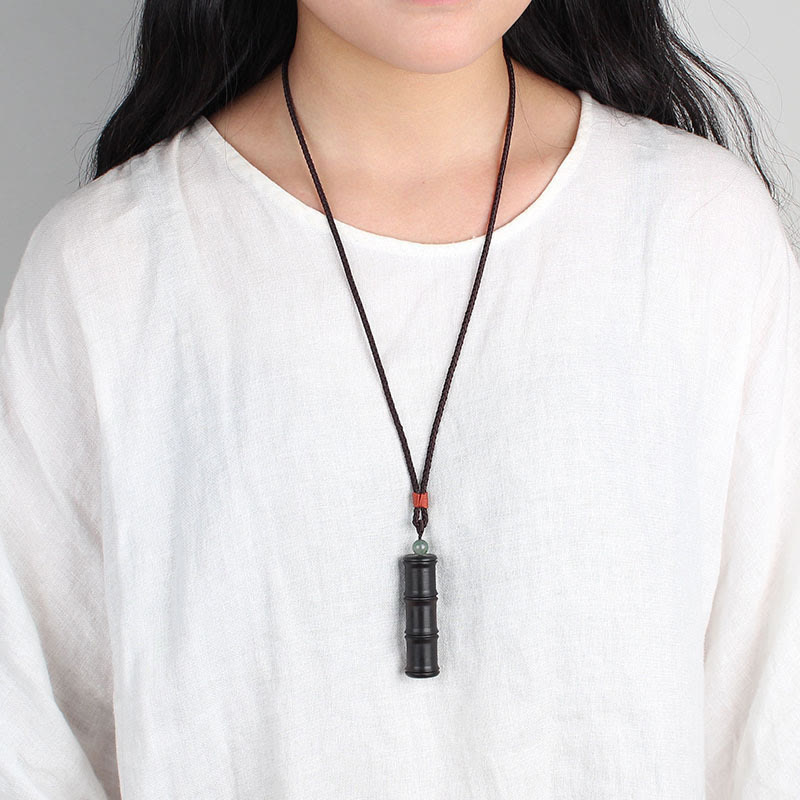 Wear FengShui Ebony Wood Bamboo Pattern Ghau Prayer Box Peace Necklace Pendant