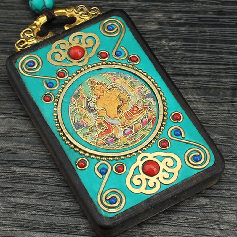 Wear FengShui Tibet God Of Wealth Money Tree Golden Phoenix Thangka Ebony Peace Necklace Pendant