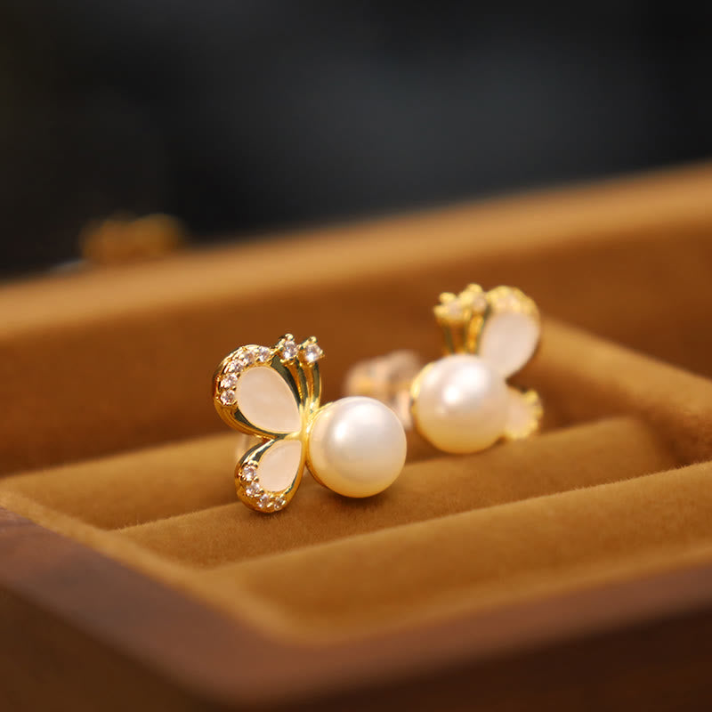 Wear FengShui 925 Sterling Silver Posts 18K Gold Plated Copper Natural Pearl Butterfly Zircon Healing Stud Earrings