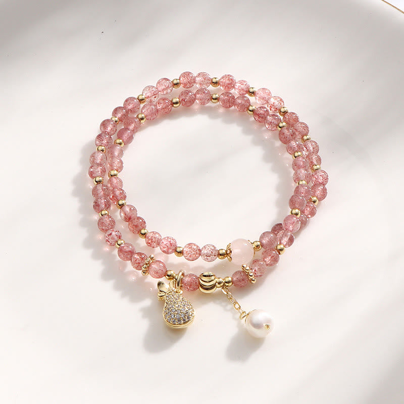 Wear FengShui Strawberry Quartz Money Bag Positive Charm Double Wrap Bracelet