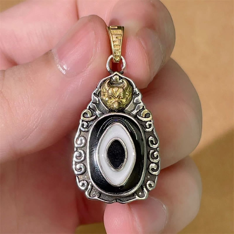 Wear FengShui Tibet Dzi Bead Garuda Pattern Copper Metal Wealth Necklace Pendant