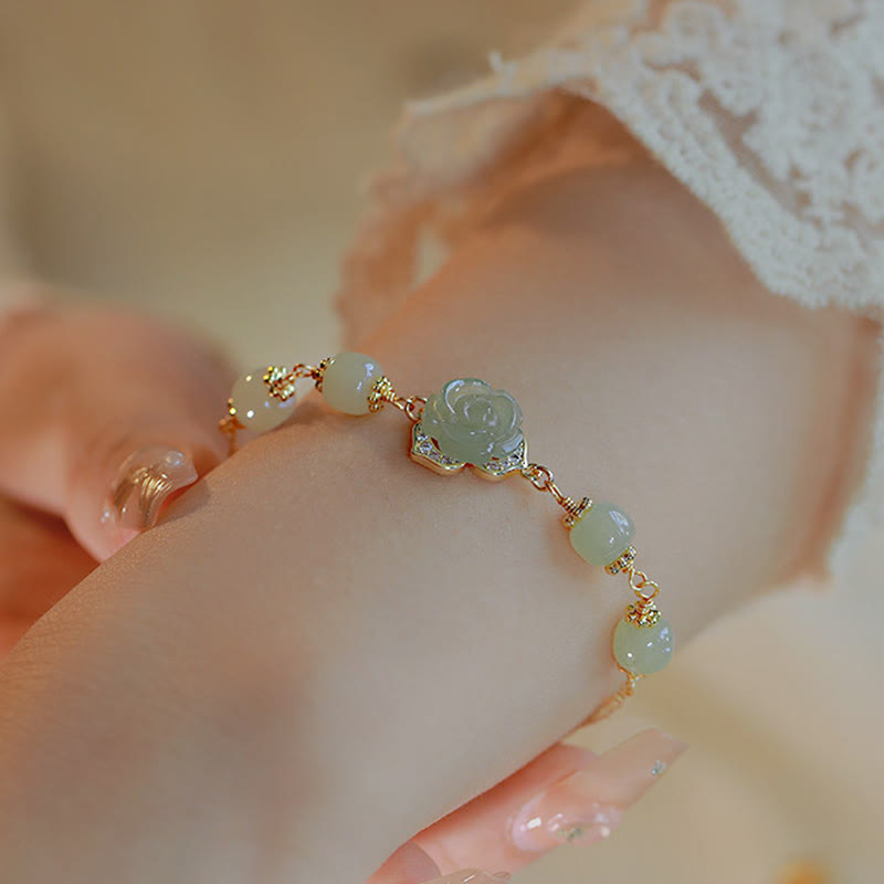 Wear FengShui 14K Gold Plated Hetian Jade Rose Flower Luck Chain Bracelet
