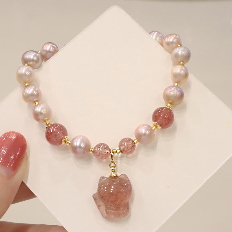 Wear FengShui Natural Pearl Strawberry Quartz Cute Fox Love Healing Charm Bracelet