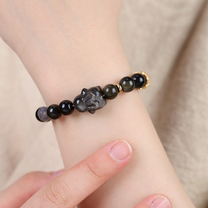 Wear FengShui Gold Sheen Obsidian Black Obsidian Silver Sheen Obsidian Cute Rabbit Protection Bracelet