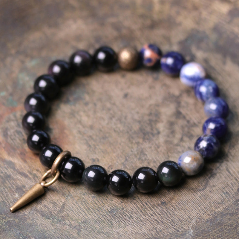 Wear FengShui Black Obsidian Sodalite Crystal Copper Strength Couple Bracelet