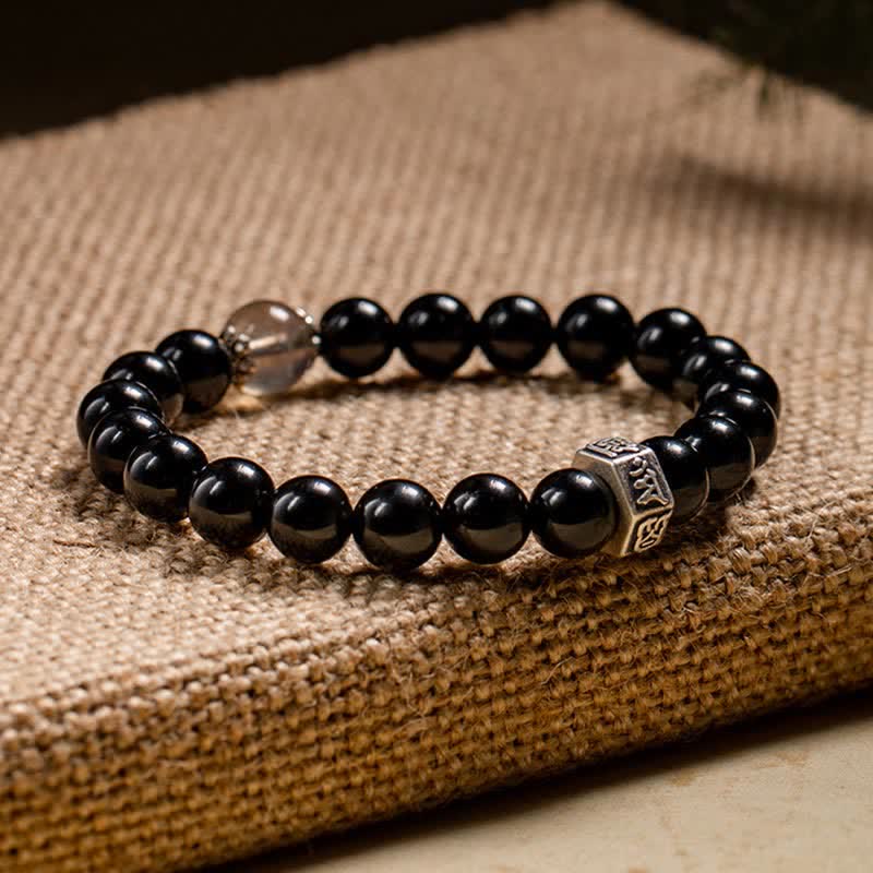 Wear FengShui Chinese Zodiac Natal Buddha 925 Sterling Silver Black Obsidian Moonstone Strength Bracelet