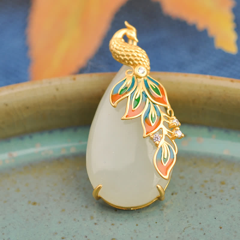 Wear FengShui White Jade Peacock Protection Necklace Chain Pendant
