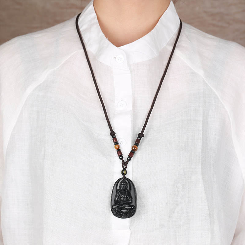 Wear FengShui Chinese Zodiac Natal Buddha Natural Black Obsidian Purification Necklace Pendant