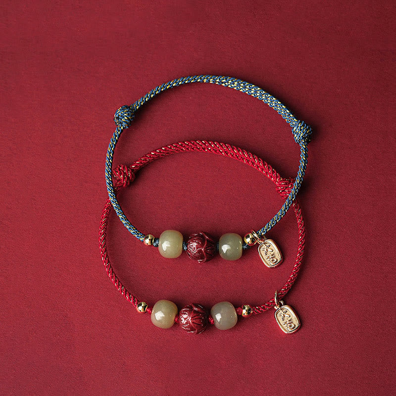 Wear FengShui 14K Gold Plated Hetian Jade Cinnabar Lotus Luck Handcrafted Rope Bracelet