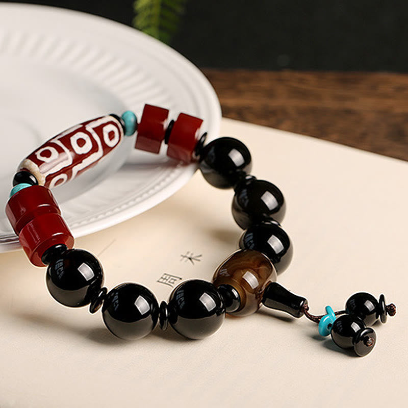 Wear FengShui Tibetan Nine-Eye Dzi Bead Black Onyx Wealth Protection Bracelet