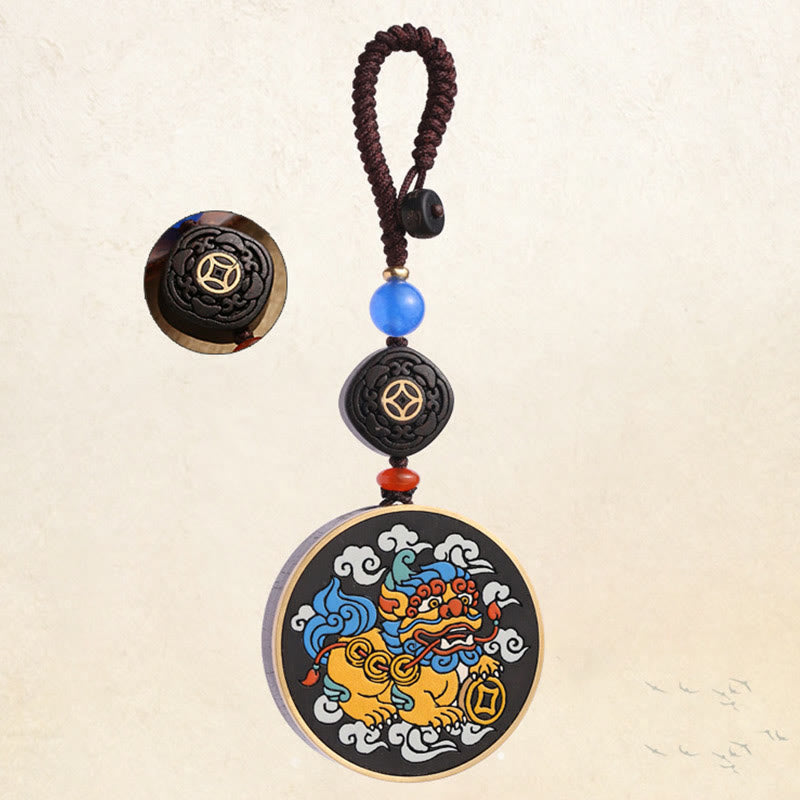 Wear FengShui PiXiu Copper Coin Ebony Wood Luck Attract Wealth Key Chain Decoration