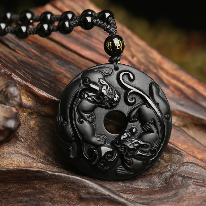 Wear FengShui Natural Black Obsidian Peace Buckle Pixiu Bead Rope Strength Necklace Pendant