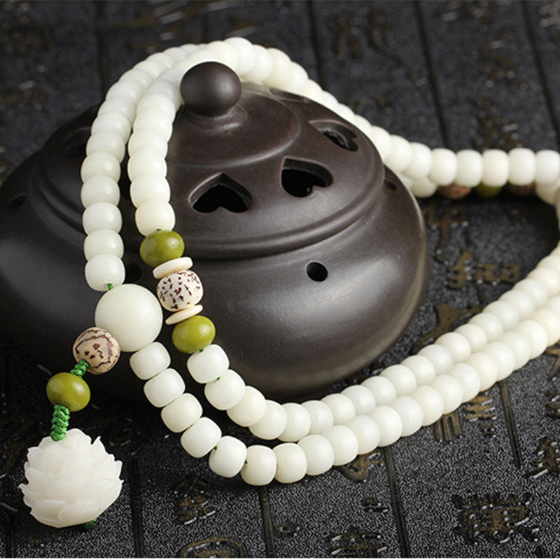 Wear FengShui White Jade Bodhi Lotus Mala Harmony Necklace Bracelet