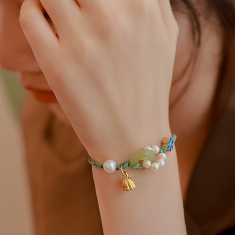 Wear FengShui Natural Hetian Jade Peace Buckle Pearl Luck Handcrafted Braided Bracelet