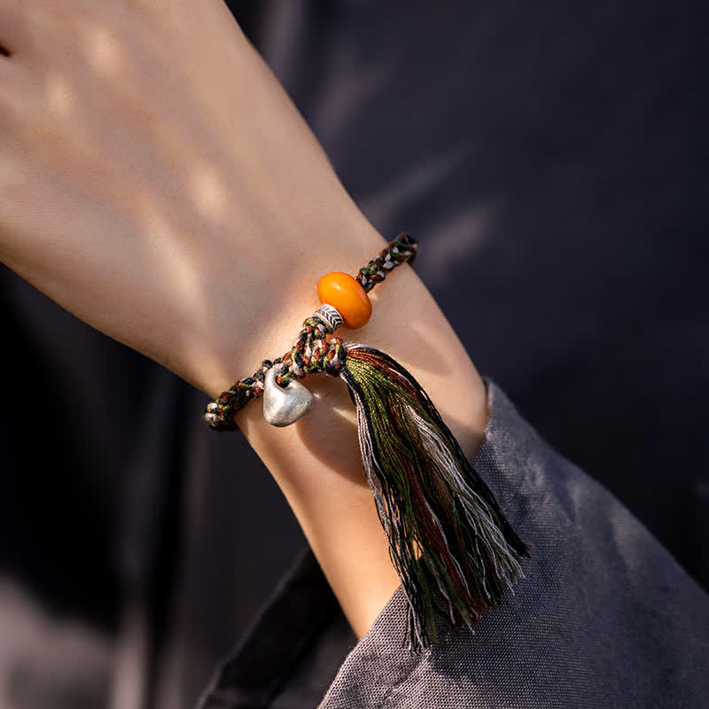 Wear FengShui 990 Sterling Silver Tibetan Handmade Amber Steelyard Weight Wish Protection Bracelet
