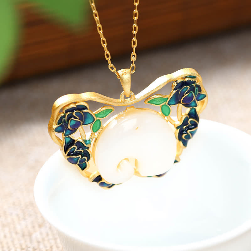 Wear FengShui White Jade Elephant Butterfly Lotus Success Necklace Chain Pendant