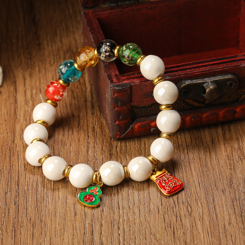 Wear FengShui Tibetan Incense Ash Porcelain Luminous Fluorescent Liuli Glass Bead Gourd Copper Coin Charm Peace Bracelet