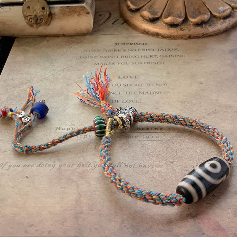 Wear FengShui Tibetan 925 Sterling Silver Om Mani Padme Hum Handmade Dzi Bead Protection Braid Bracelet