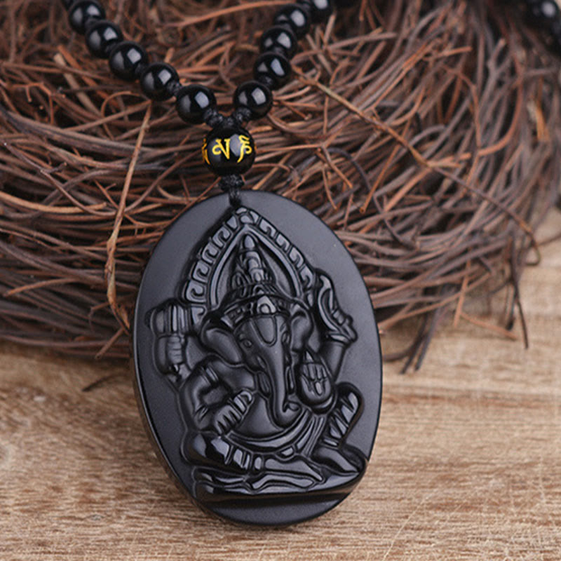 Wear FengShui Tibetan Obsidian Ganesh Ganpati Elephant Wealth Amulet Necklace