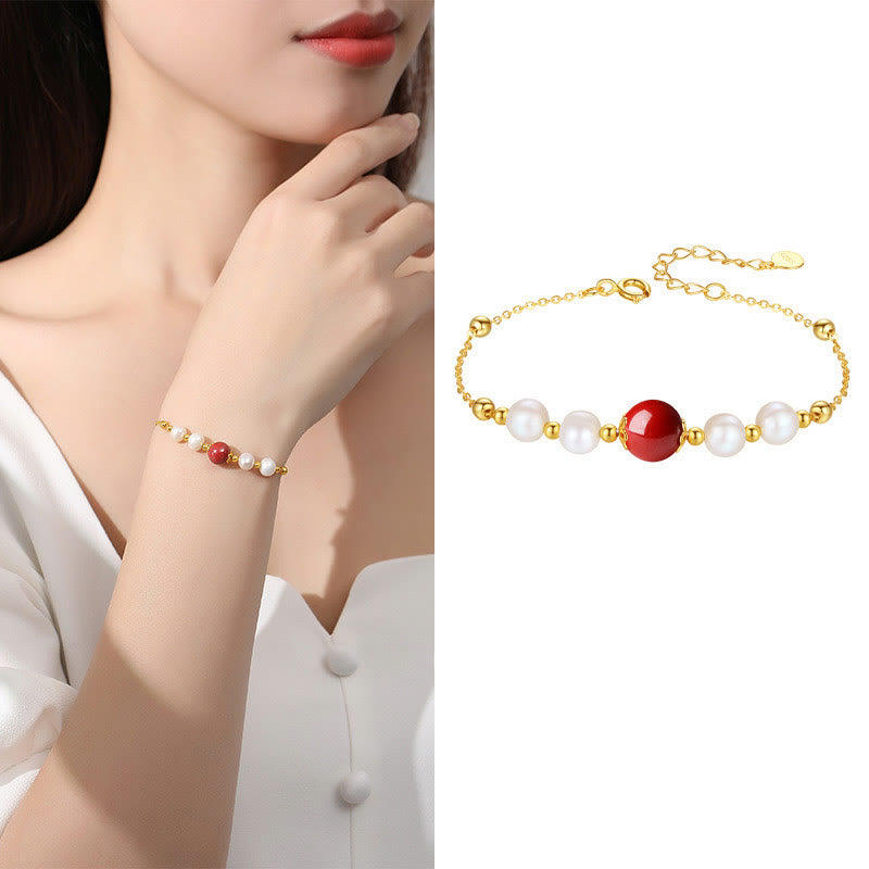 Wear FengShui 925 Sterling Silver Pearl Cinnabar Healing Bead Chain Bracelet