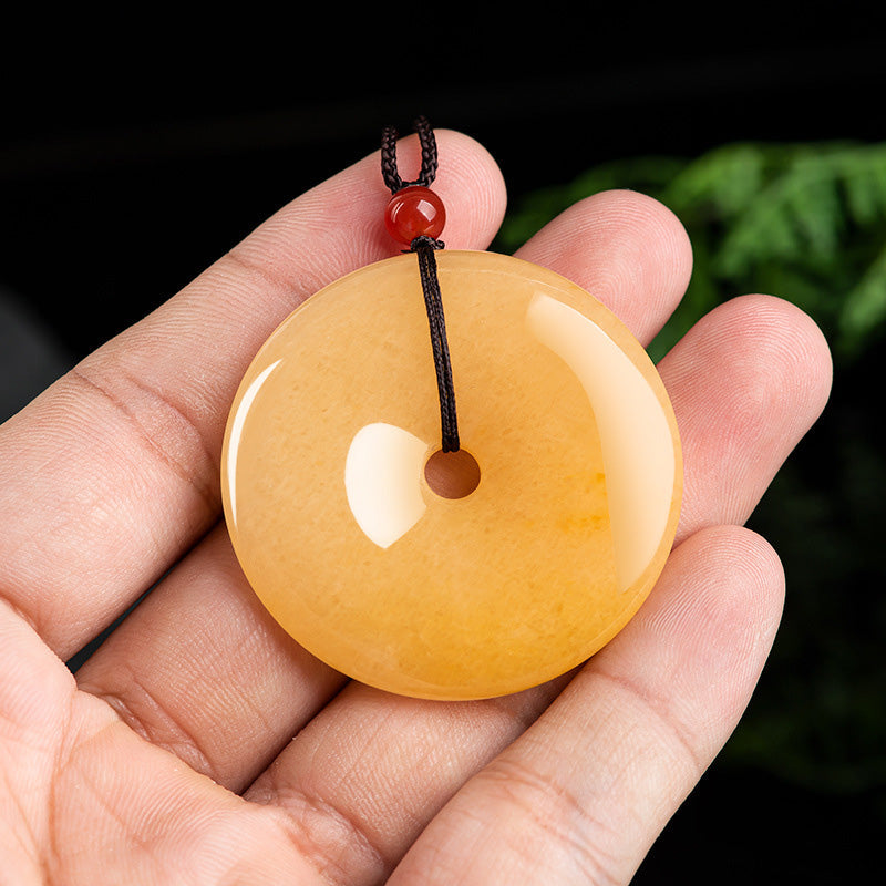 Wear FengShui Round Golden Silk Jade Peace Buckle Wealth Pendant Necklace