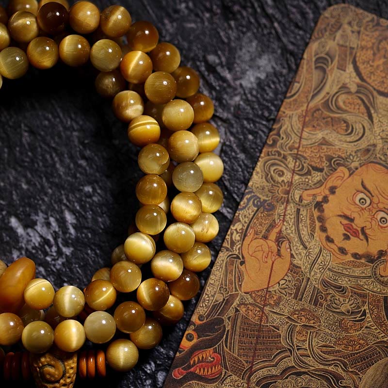 Wear FengShui 108 Mala Beads Natural Tiger Eye Copper Dorje Protection Tassel Bracelet
