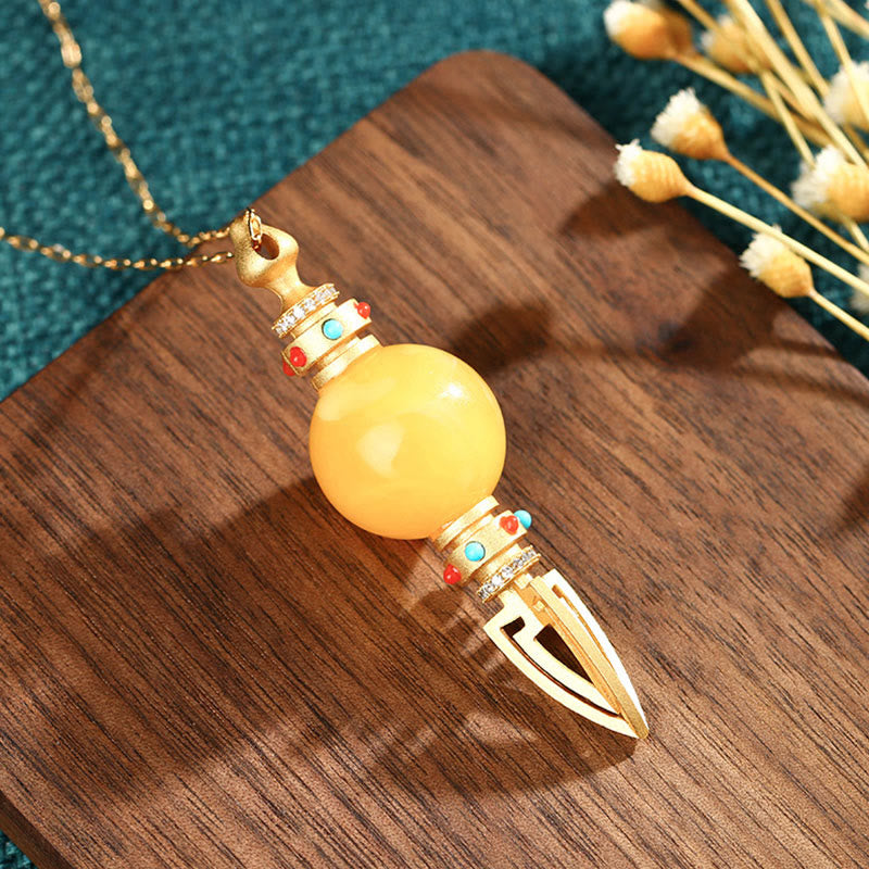 Wear FengShui 24K Gold Plated Amber Dorje Vajra Clear Anxiety Necklace Pendant