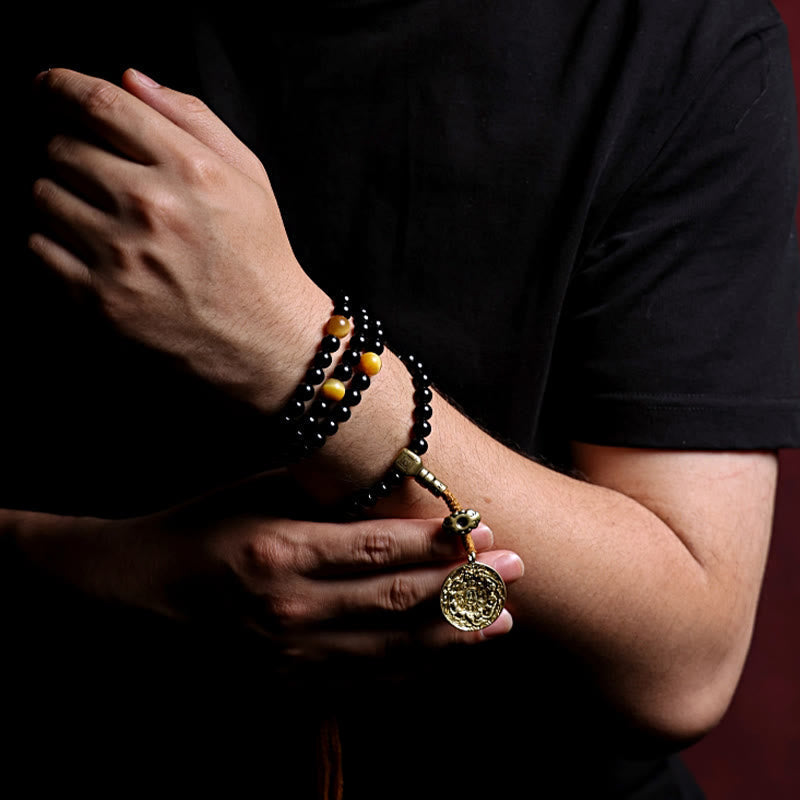 Wear FengShui Tibetan 108 Mala Beads Black Onyx Tiger Eye Beads Nine Palaces Bagua Protection Bracelet