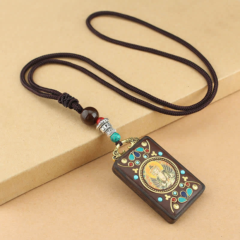 Wear FengShui Tibet God of Wealth Thangka Ebony Peace Necklace Pendant