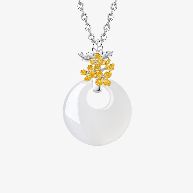 Wear FengShui 925 Sterling Silver Round Chalcedony Twelve Months Flower Harmony Necklace Pendant