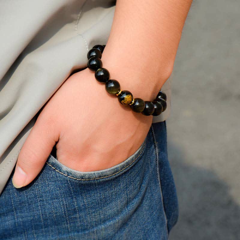 Wear FengShui Chinese Zodiac Natal Buddha Gold Sheen Obsidian Wealth Protection Bracelet