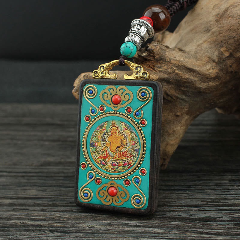 Wear FengShui Tibet God Of Wealth Money Tree Golden Phoenix Thangka Ebony Peace Necklace Pendant